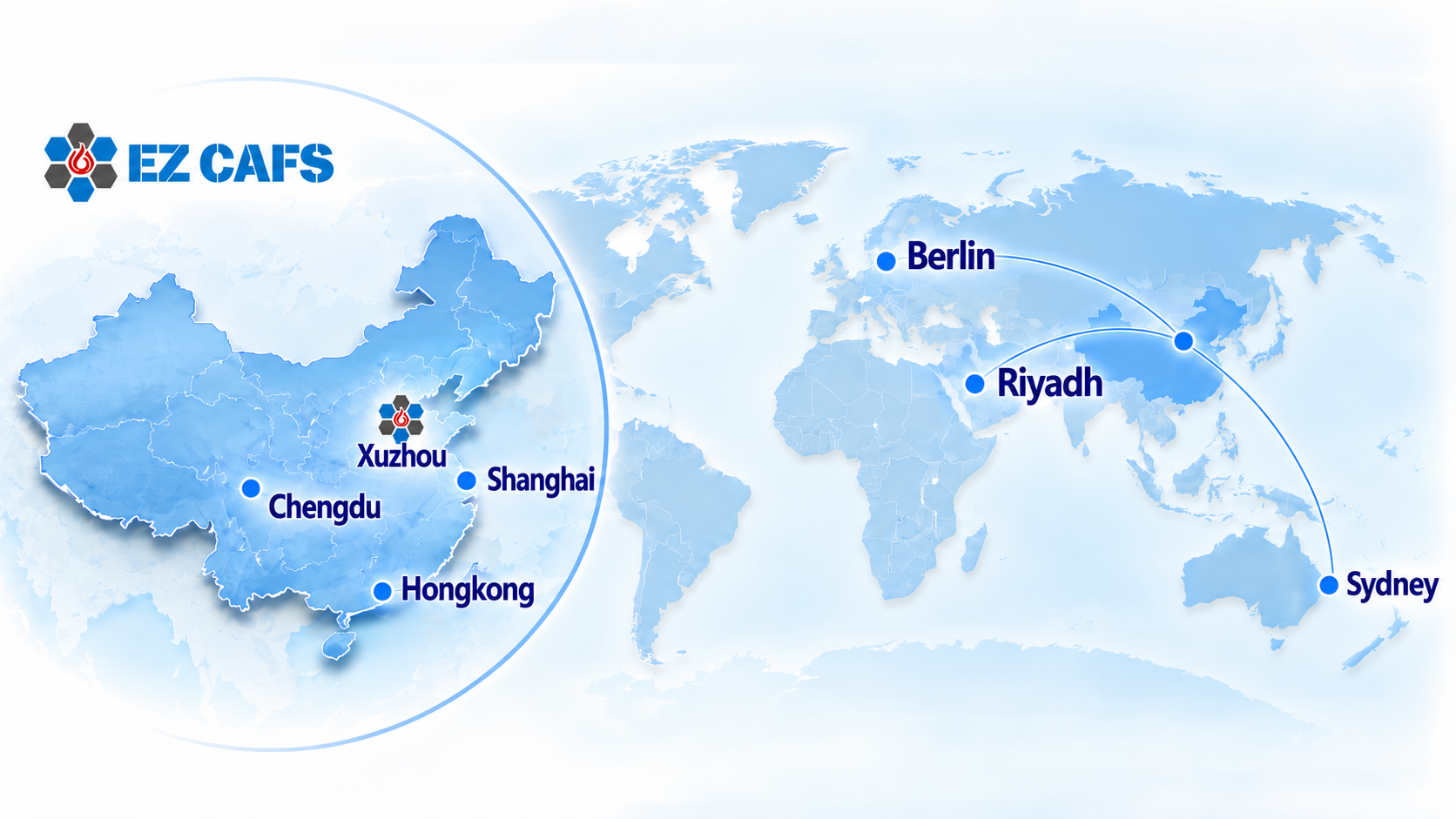 EZ CAFS network: Xuzhou, Chengdu, Shanghai, Hong Kong, Berlin, Riyadh and Sydney